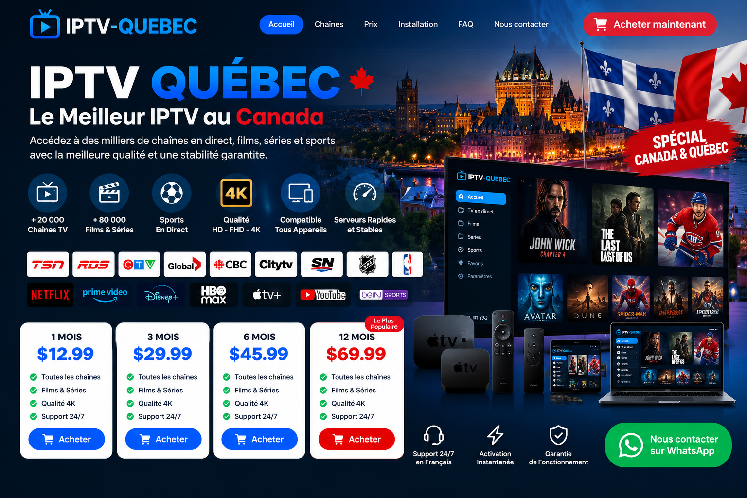 Original IPTV Québec promotional banner showing streaming devices and subscription information
